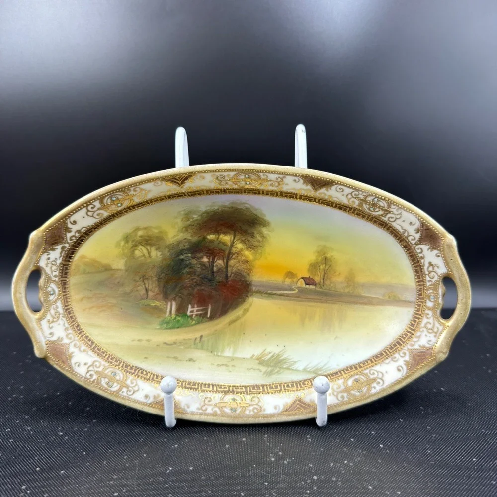 Nippon Hand Painted Celery Dish Oval Tray‎ Gold Moriage Landscape Lake Scene VTG